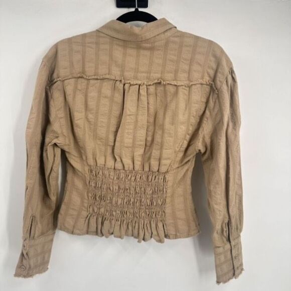 Free‎ People Tammy Button down Tan Size XS Crinkle Smocked Top Collared - Picture 4 of 11
